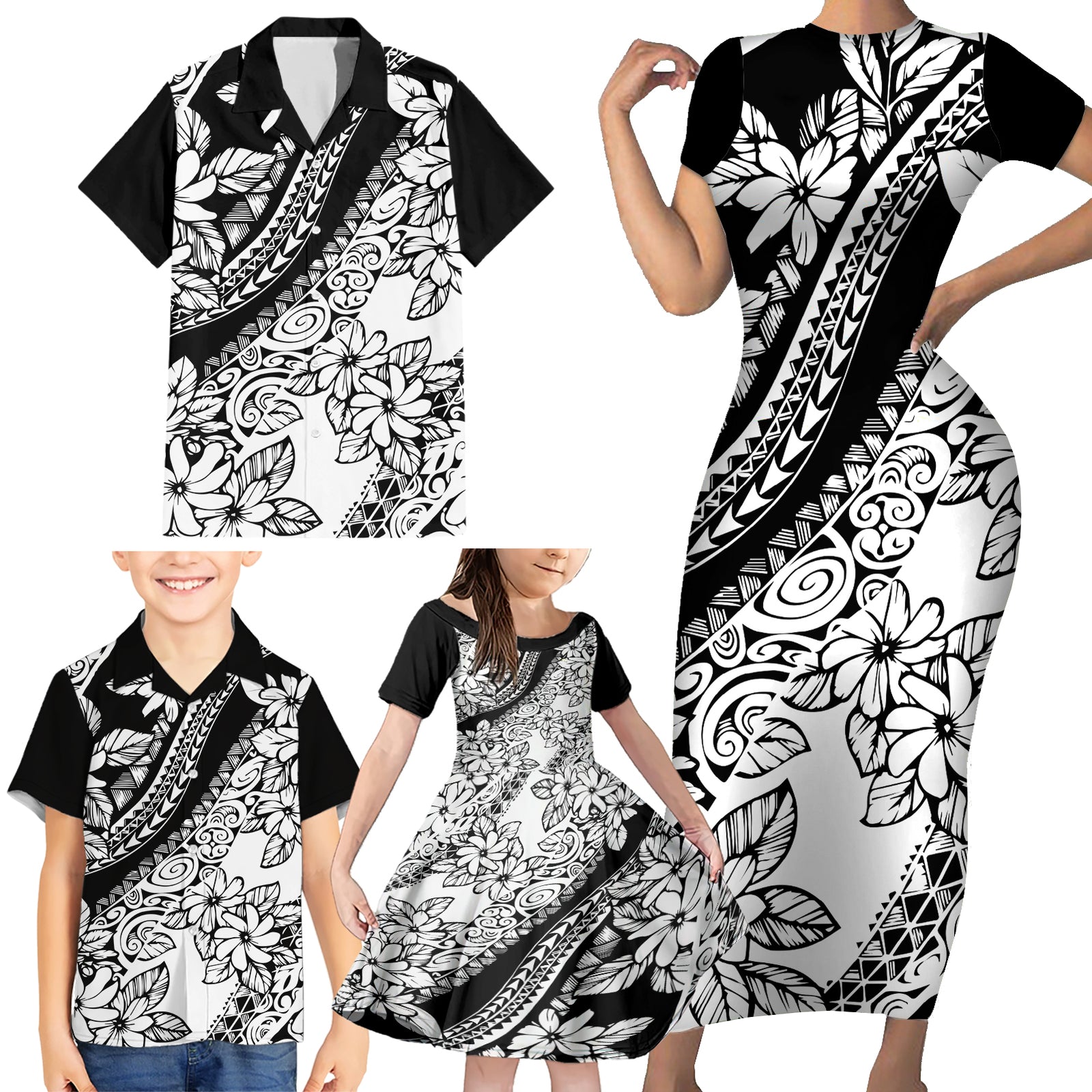 Polynesia Family Matching Short Sleeve Bodycon Dress and Hawaiian Shirt Polynesian Tropical Flowers Black Pastel Vibes LT14 - Polynesian Pride