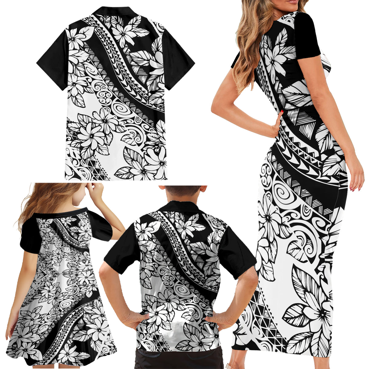 Polynesia Family Matching Short Sleeve Bodycon Dress and Hawaiian Shirt Polynesian Tropical Flowers Black Pastel Vibes LT14 - Polynesian Pride