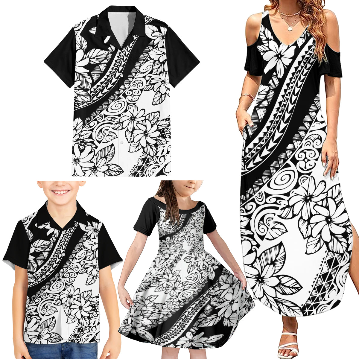 Polynesia Family Matching Summer Maxi Dress and Hawaiian Shirt Polynesian Tropical Flowers Black Pastel Vibes LT14 - Polynesian Pride