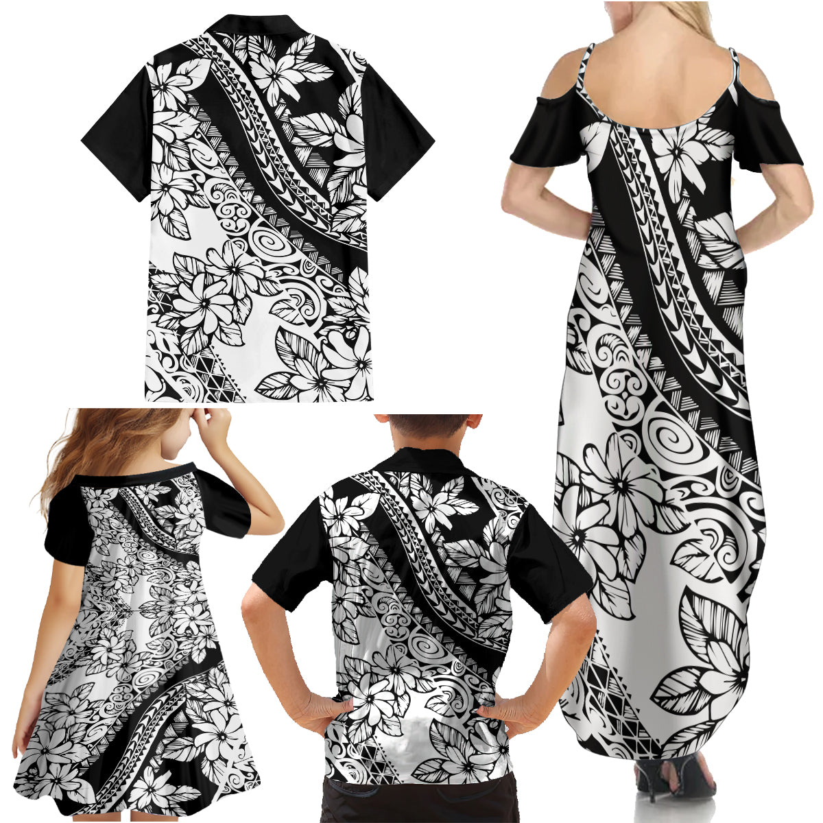 Polynesia Family Matching Summer Maxi Dress and Hawaiian Shirt Polynesian Tropical Flowers Black Pastel Vibes LT14 - Polynesian Pride