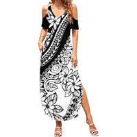 Polynesia Family Matching Summer Maxi Dress and Hawaiian Shirt Polynesian Tropical Flowers Black Pastel Vibes LT14 Mom's Dress Black - Polynesian Pride