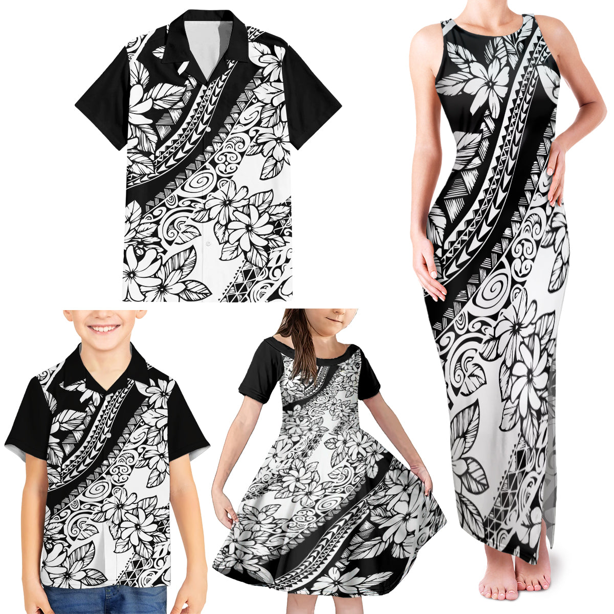 Polynesia Family Matching Tank Maxi Dress and Hawaiian Shirt Polynesian Tropical Flowers Black Pastel Vibes LT14 - Polynesian Pride