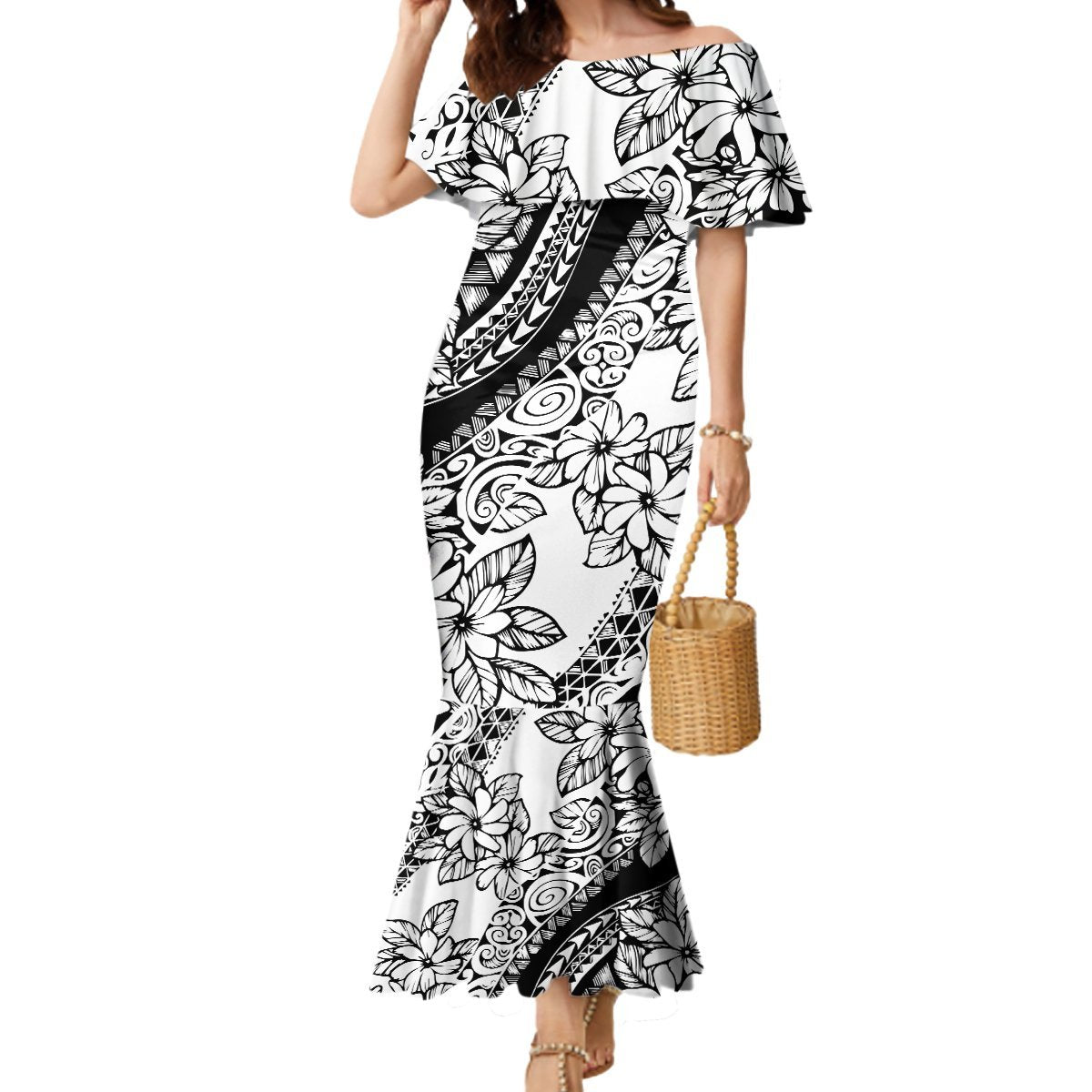 Polynesia Mermaid Dress Polynesian Tropical Flowers Black Pastel Vibes LT14 Women Black - Polynesian Pride