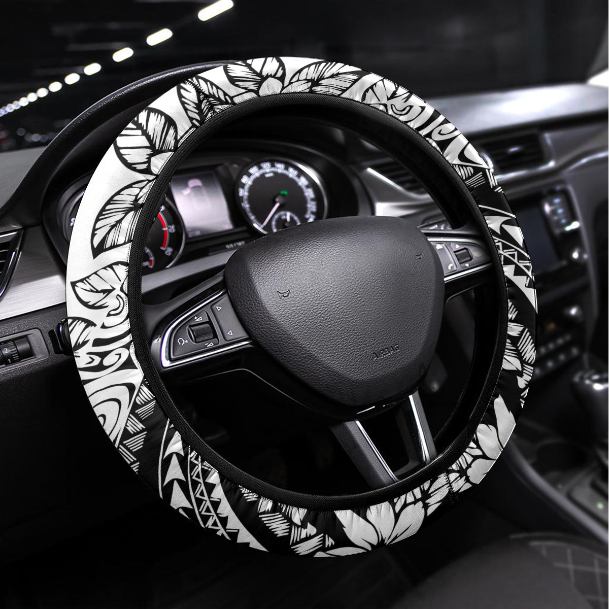 Polynesia Steering Wheel Cover Polynesian Tropical Flowers Black Pastel Vibes LT14 Universal Fit Black - Polynesian Pride