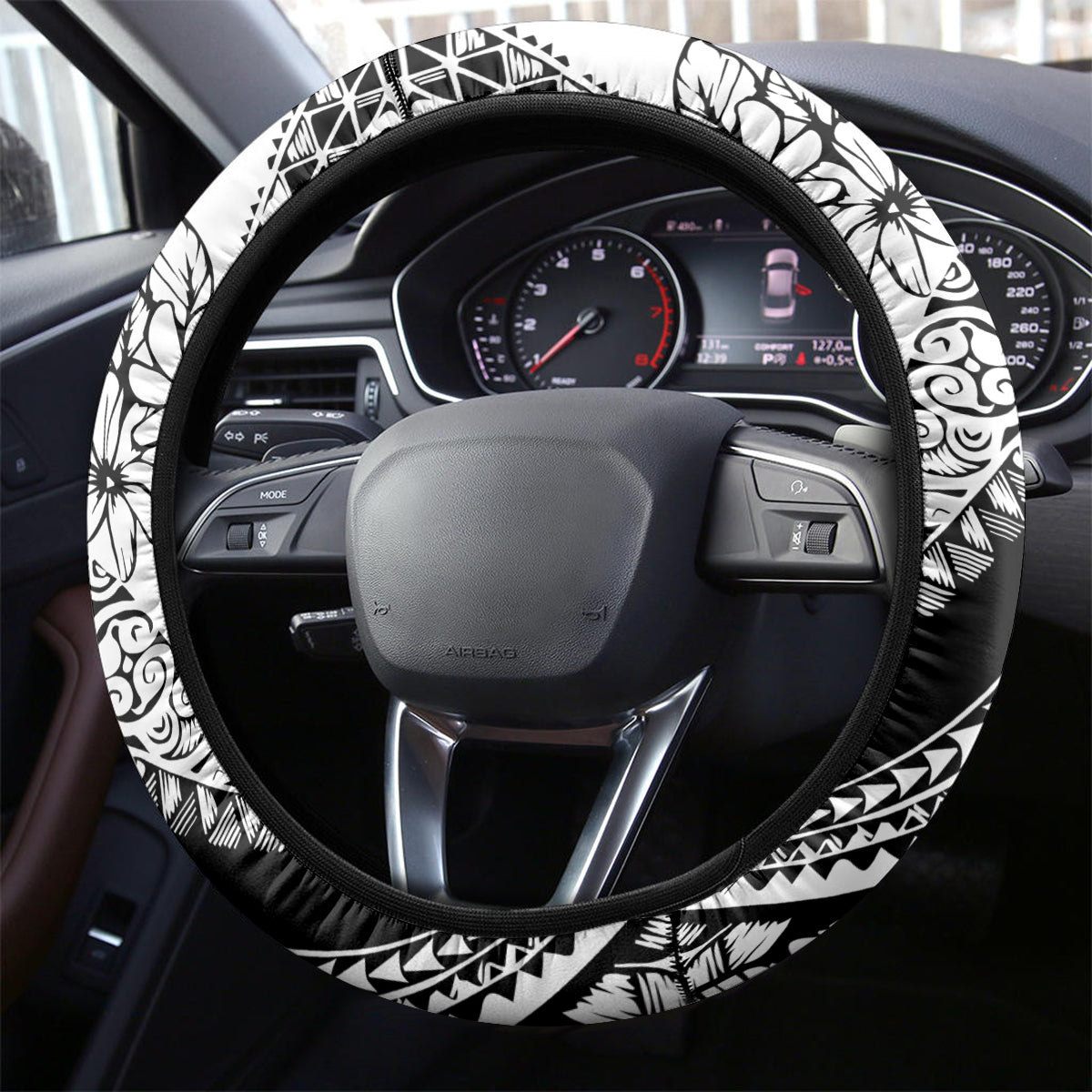 Polynesia Steering Wheel Cover Polynesian Tropical Flowers Black Pastel Vibes LT14 - Polynesian Pride