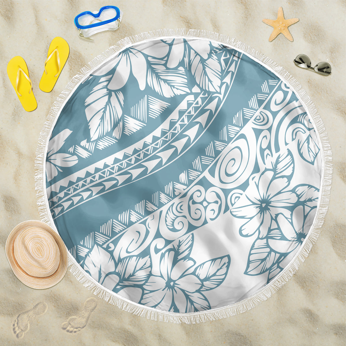 Polynesia Beach Blanket Polynesian Tropical Flowers Blue Pastel Vibes LT14 One Size 150cm Blue - Wonder Print Shop