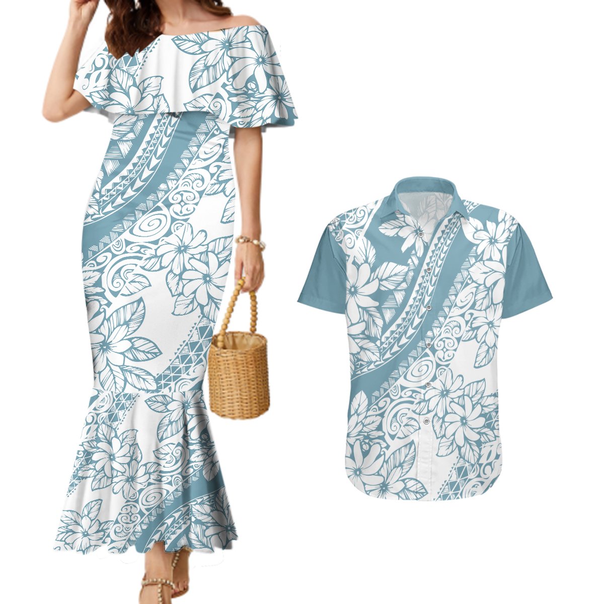 polynesia-couples-matching-mermaid-dress-and-hawaiian-shirt-polynesian-tropical-flowers-blue-pastel-vibes