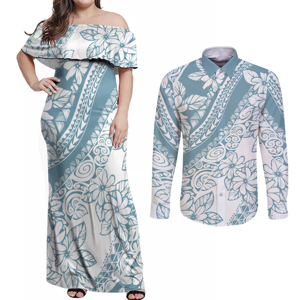 polynesia-couples-matching-off-shoulder-maxi-dress-and-long-sleeve-button-shirts-polynesian-tropical-flowers-blue-pastel-vibes