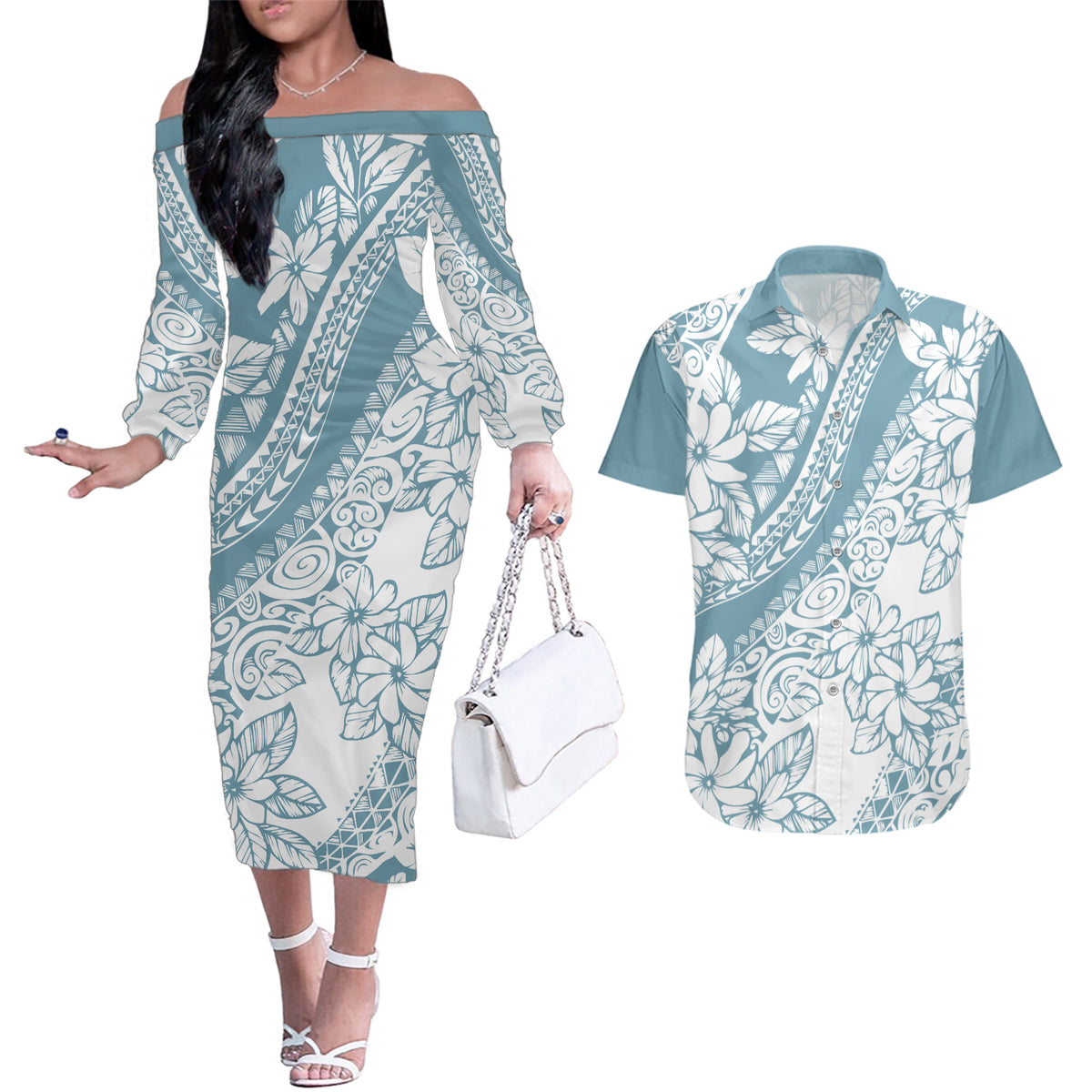 Polynesia Couples Matching Off The Shoulder Long Sleeve Dress and Hawaiian Shirt Polynesian Tropical Flowers Blue Pastel Vibes LT14 Blue - Polynesian Pride