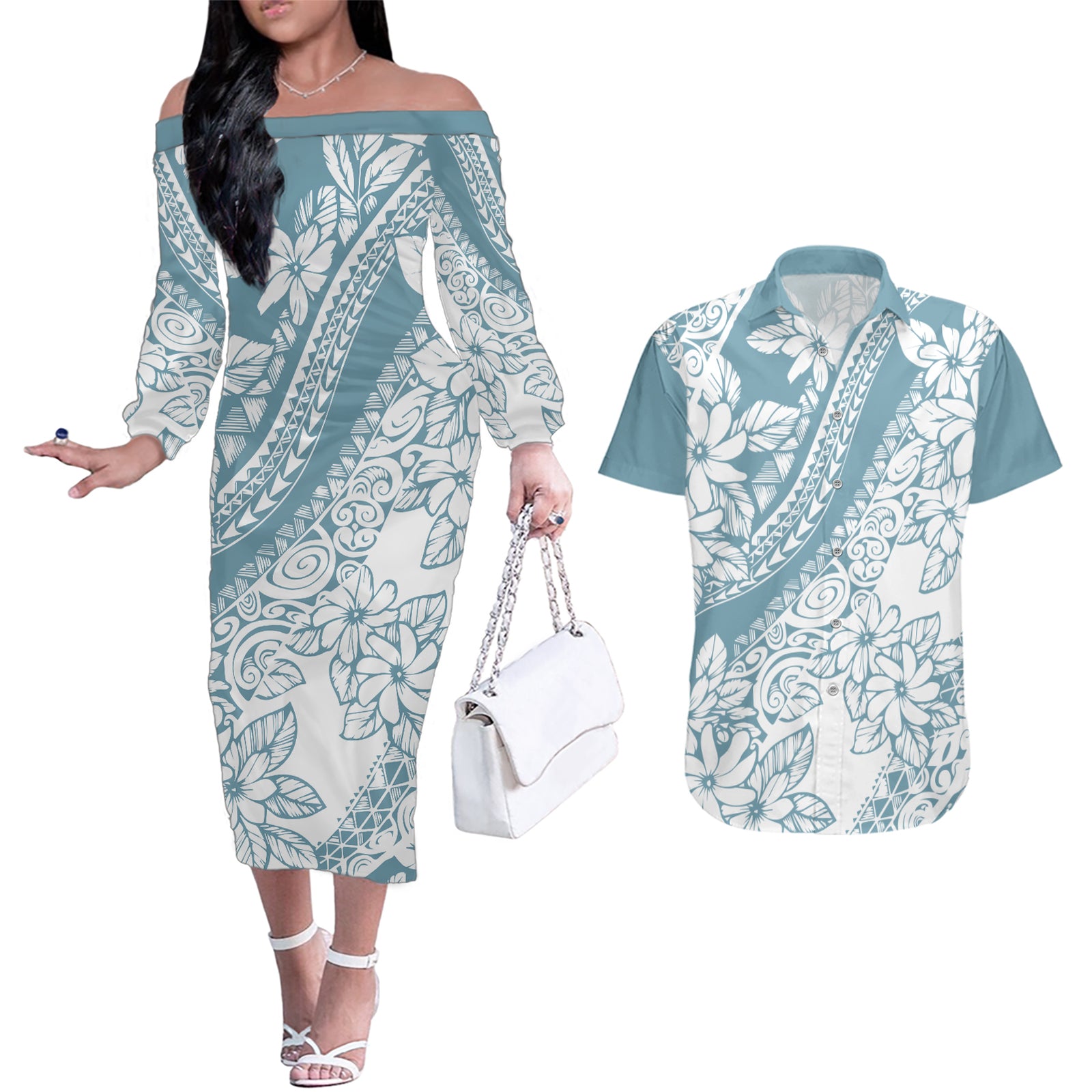 polynesia-couples-matching-off-the-shoulder-long-sleeve-dress-and-hawaiian-shirt-polynesian-tropical-flowers-blue-pastel-vibes