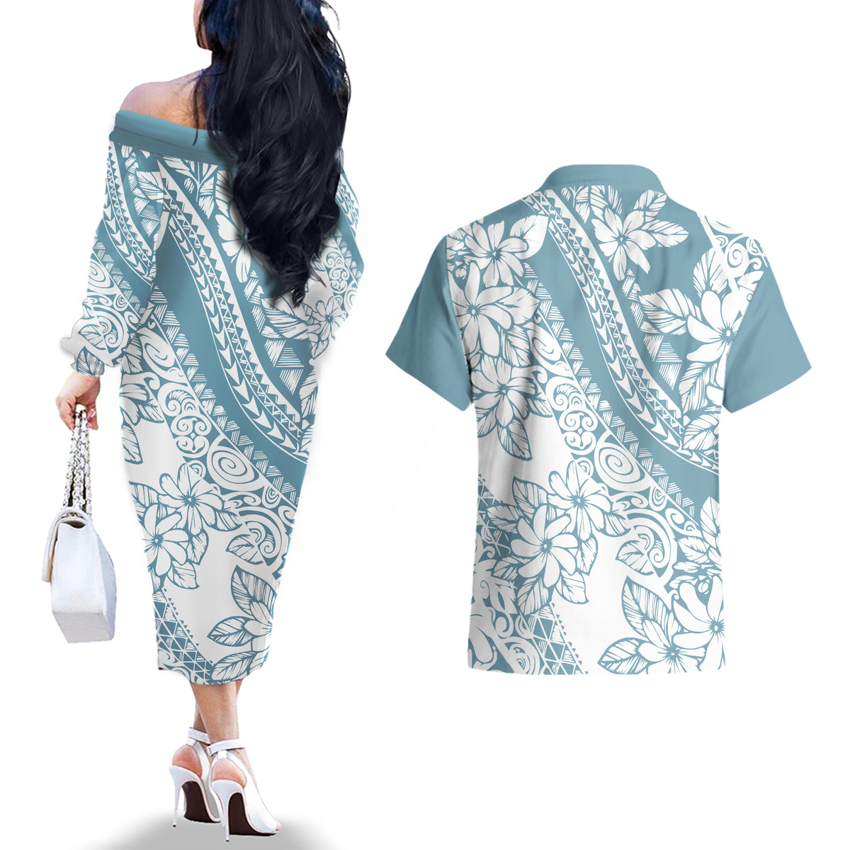 Polynesia Couples Matching Off The Shoulder Long Sleeve Dress and Hawaiian Shirt Polynesian Tropical Flowers Blue Pastel Vibes LT14 - Polynesian Pride
