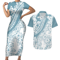 Polynesia Couples Matching Short Sleeve Bodycon Dress and Hawaiian Shirt Polynesian Tropical Flowers Blue Pastel Vibes LT14 Blue - Polynesian Pride