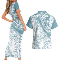 Polynesia Couples Matching Short Sleeve Bodycon Dress and Hawaiian Shirt Polynesian Tropical Flowers Blue Pastel Vibes LT14 - Polynesian Pride