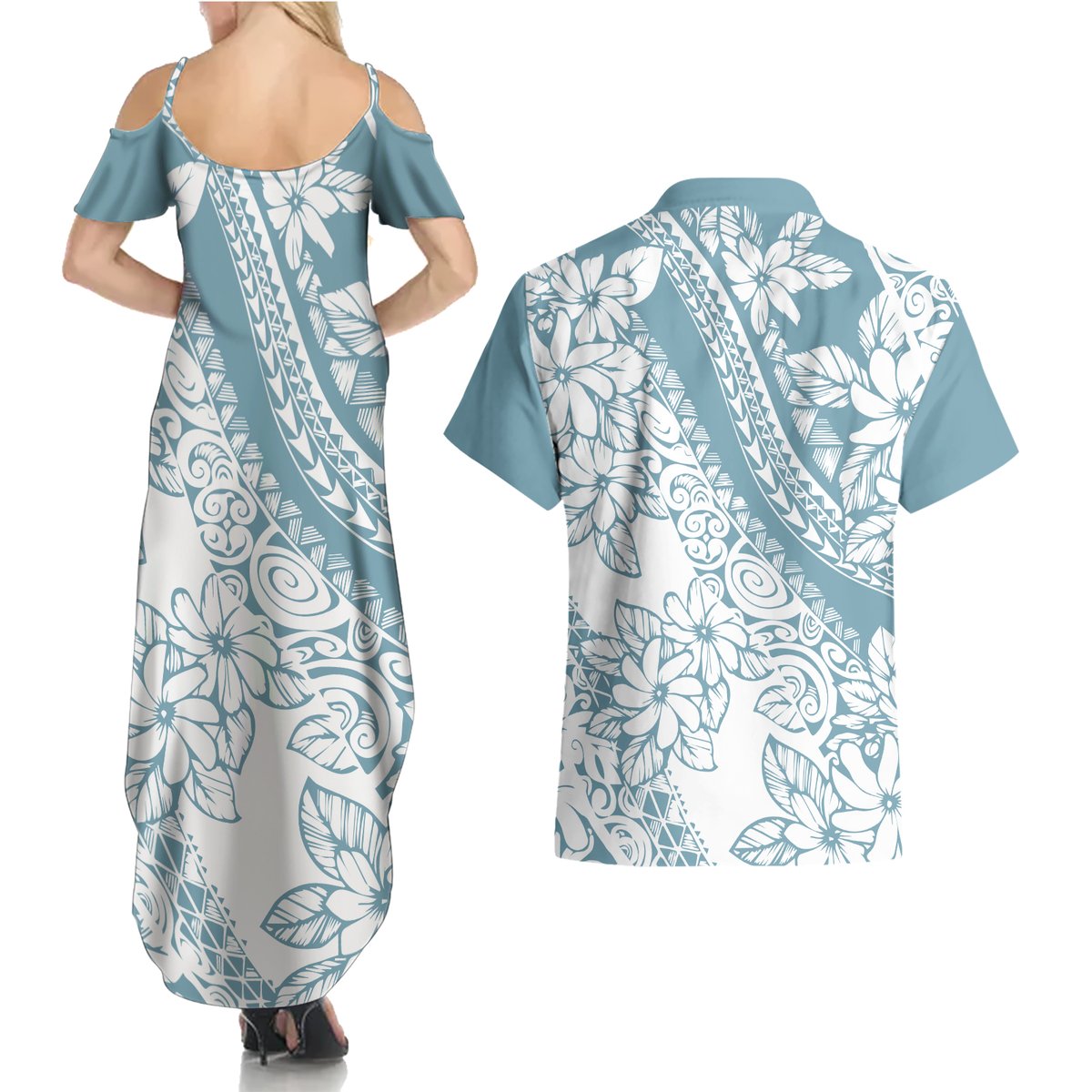 polynesia-couples-matching-summer-maxi-dress-and-hawaiian-shirt-polynesian-tropical-flowers-blue-pastel-vibes