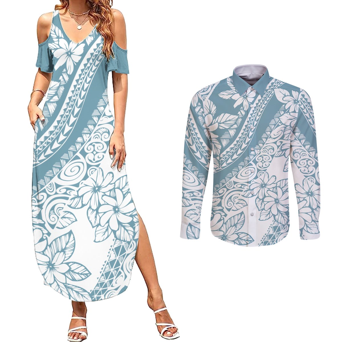 polynesia-couples-matching-summer-maxi-dress-and-long-sleeve-button-shirts-polynesian-tropical-flowers-blue-pastel-vibes