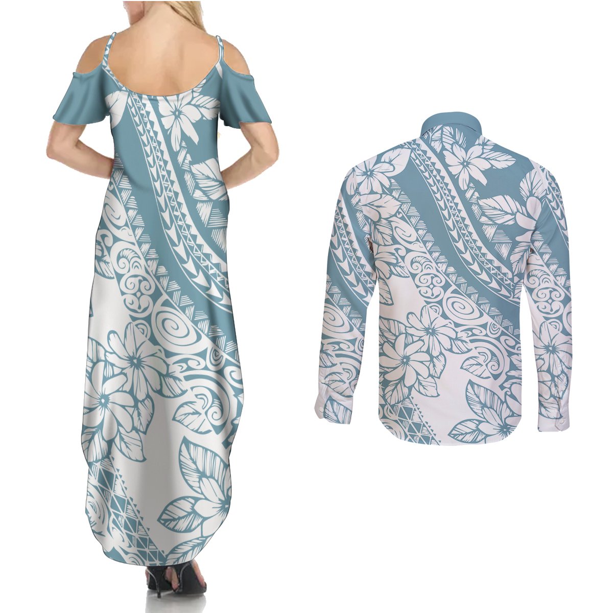 polynesia-couples-matching-summer-maxi-dress-and-long-sleeve-button-shirts-polynesian-tropical-flowers-blue-pastel-vibes