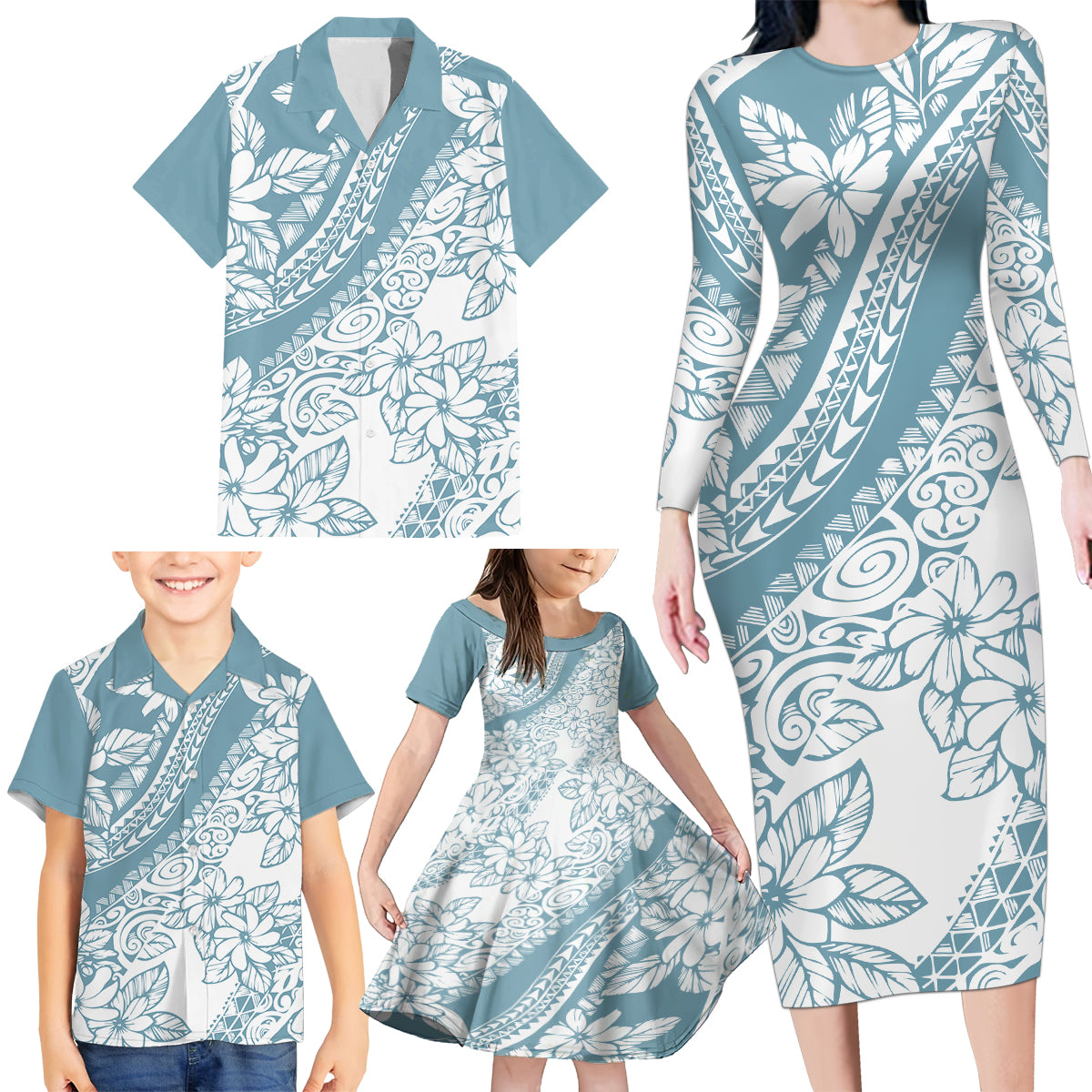 Polynesia Family Matching Long Sleeve Bodycon Dress and Hawaiian Shirt Polynesian Tropical Flowers Blue Pastel Vibes LT14 - Polynesian Pride