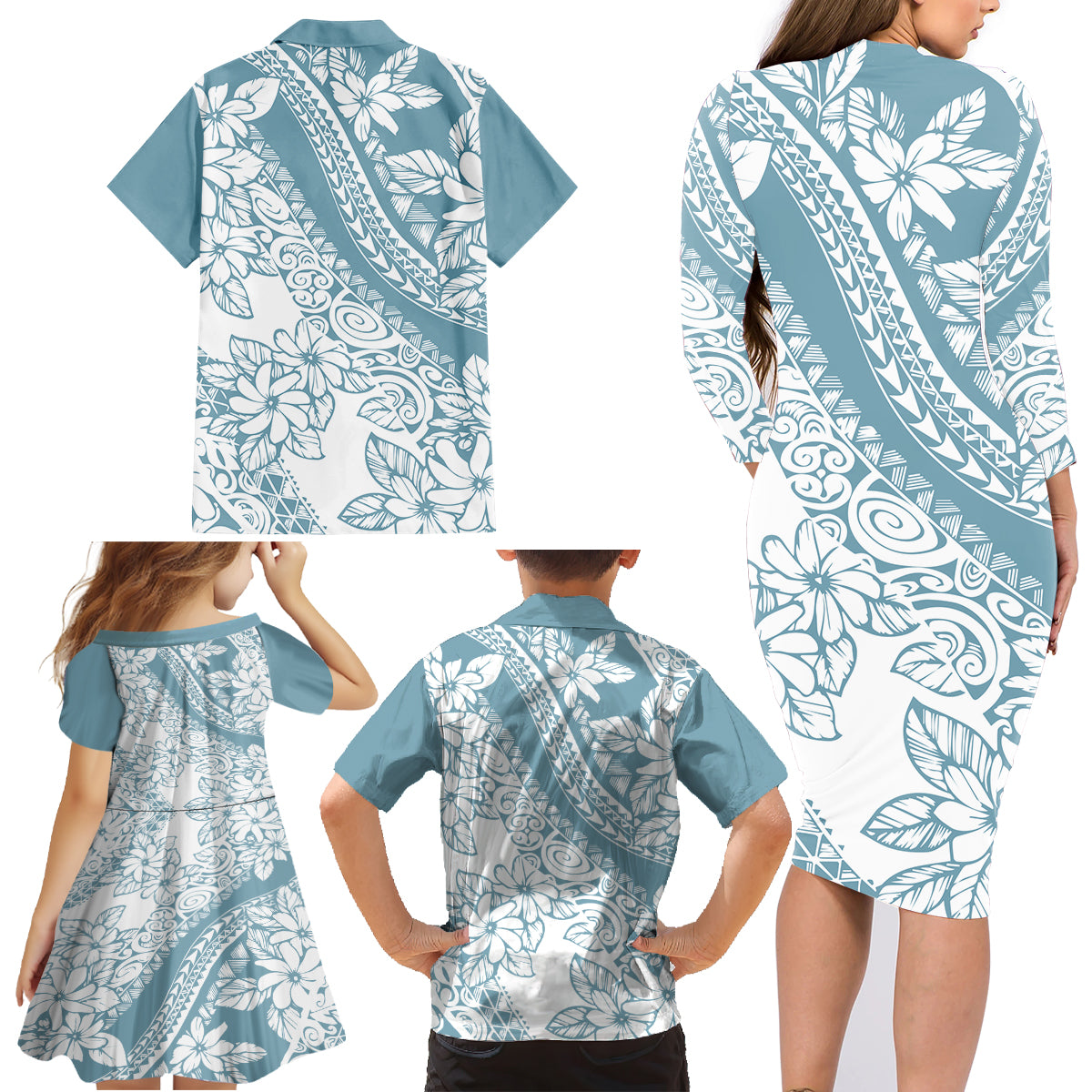 Polynesia Family Matching Long Sleeve Bodycon Dress and Hawaiian Shirt Polynesian Tropical Flowers Blue Pastel Vibes LT14 - Polynesian Pride