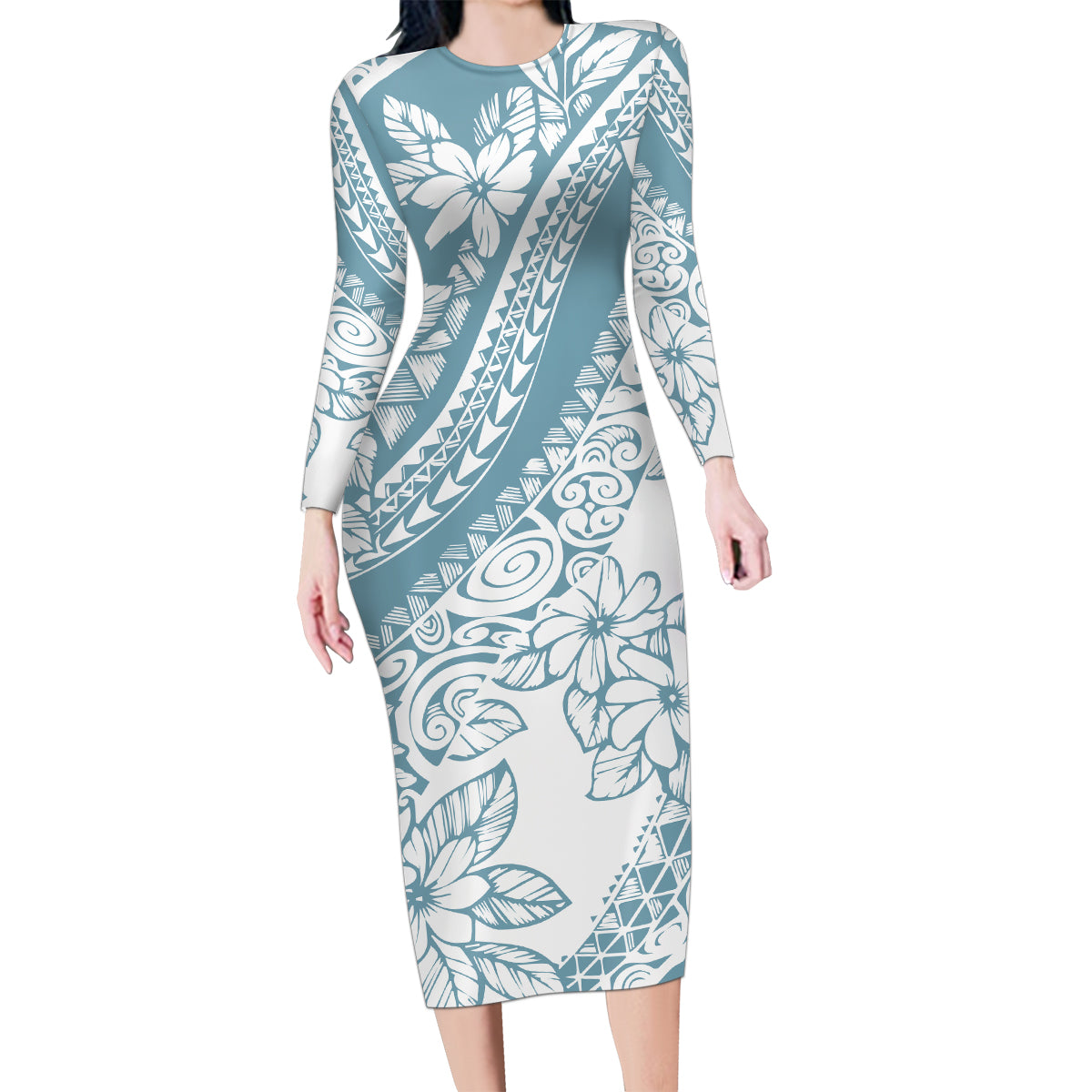 Polynesia Family Matching Long Sleeve Bodycon Dress and Hawaiian Shirt Polynesian Tropical Flowers Blue Pastel Vibes LT14 Mom's Dress Blue - Polynesian Pride
