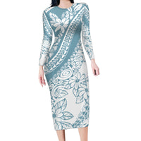Polynesia Family Matching Long Sleeve Bodycon Dress and Hawaiian Shirt Polynesian Tropical Flowers Blue Pastel Vibes LT14 Mom's Dress Blue - Polynesian Pride