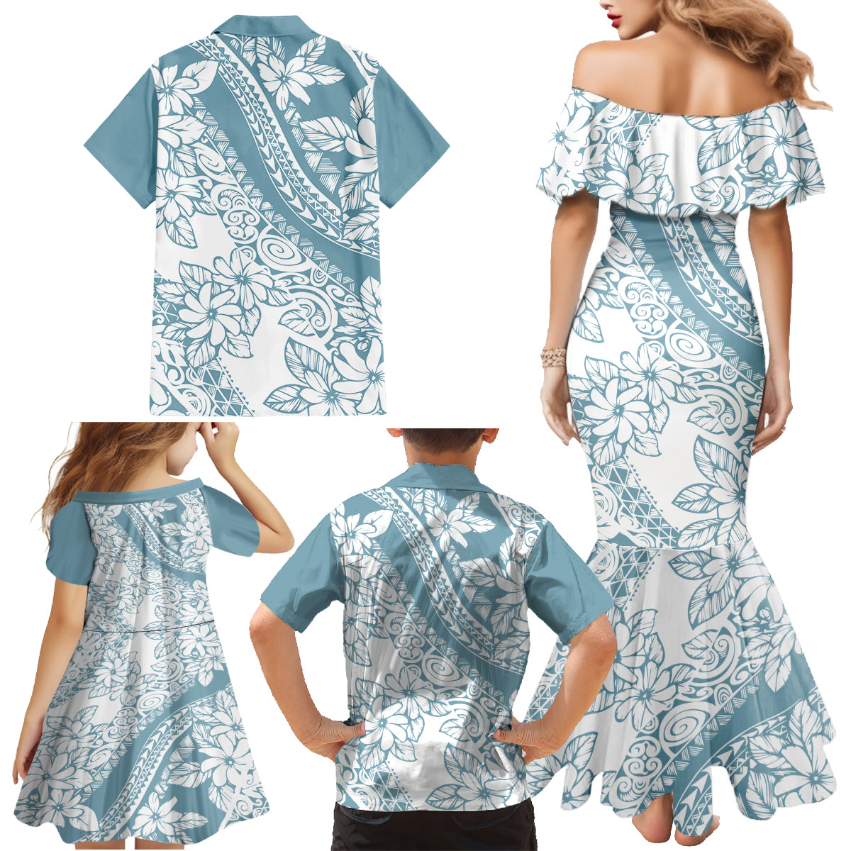 Polynesia Family Matching Mermaid Dress and Hawaiian Shirt Polynesian Tropical Flowers Blue Pastel Vibes LT14 - Polynesian Pride