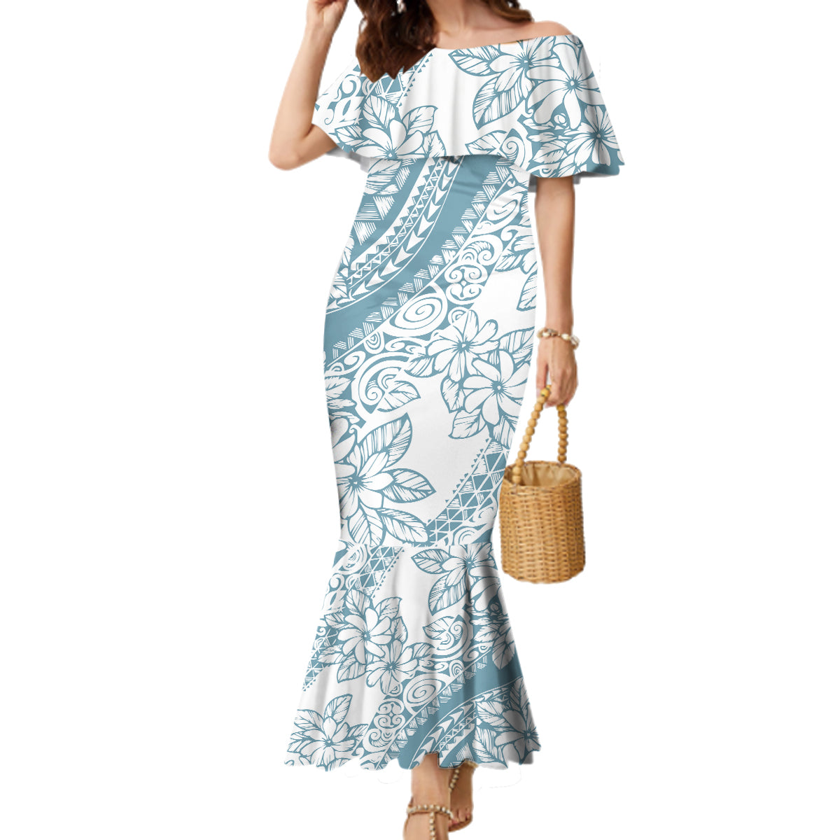 Polynesia Family Matching Mermaid Dress and Hawaiian Shirt Polynesian Tropical Flowers Blue Pastel Vibes LT14 Mom's Dress Blue - Polynesian Pride