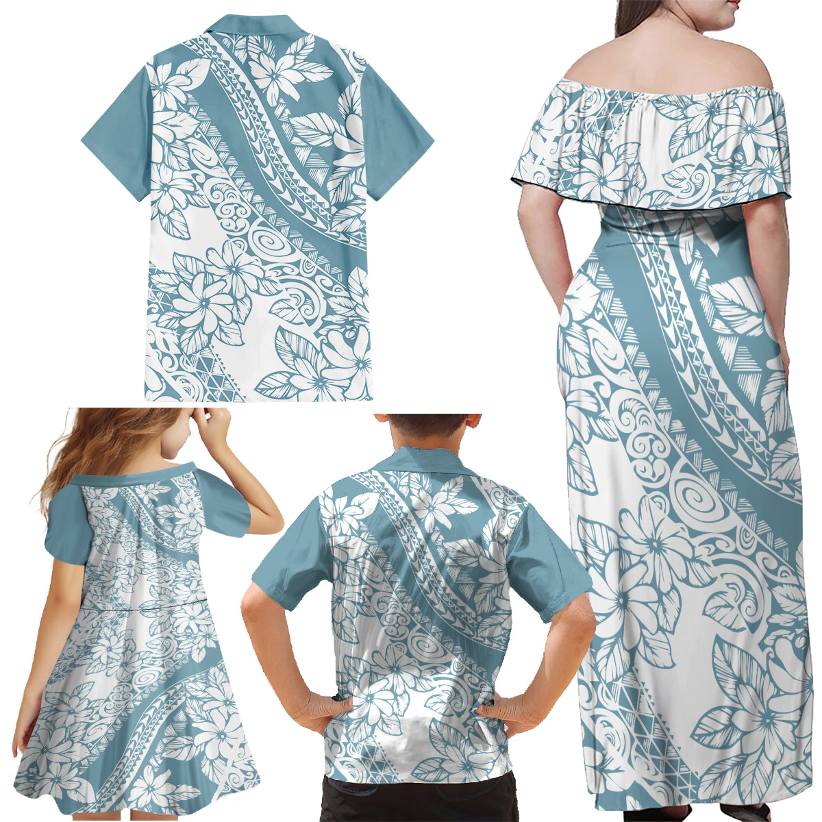 Polynesia Family Matching Off Shoulder Maxi Dress and Hawaiian Shirt Polynesian Tropical Flowers Blue Pastel Vibes LT14 - Polynesian Pride