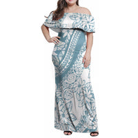 Polynesia Family Matching Off Shoulder Maxi Dress and Hawaiian Shirt Polynesian Tropical Flowers Blue Pastel Vibes LT14 Mom's Dress Blue - Polynesian Pride