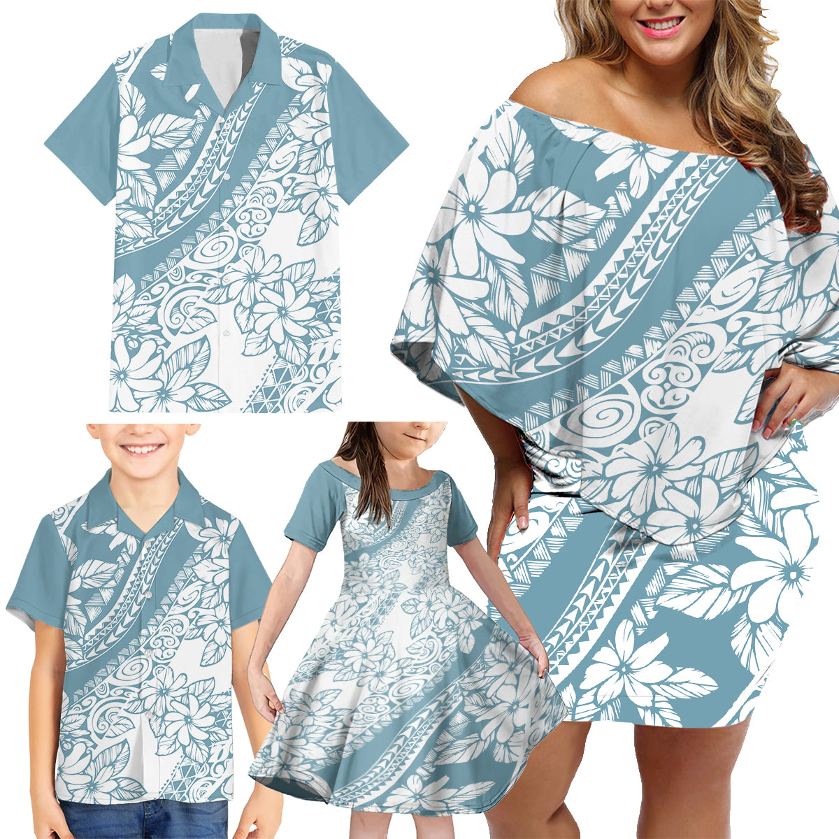 Polynesia Family Matching Off Shoulder Short Dress and Hawaiian Shirt Polynesian Tropical Flowers Blue Pastel Vibes LT14 - Polynesian Pride