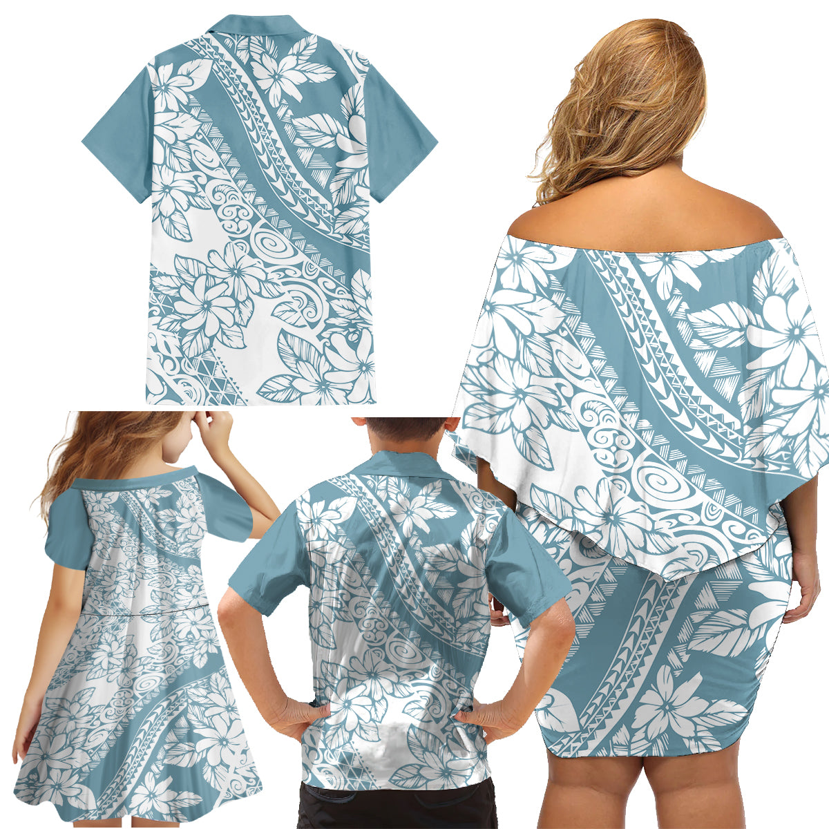 Polynesia Family Matching Off Shoulder Short Dress and Hawaiian Shirt Polynesian Tropical Flowers Blue Pastel Vibes LT14 - Polynesian Pride