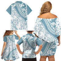 Polynesia Family Matching Off Shoulder Short Dress and Hawaiian Shirt Polynesian Tropical Flowers Blue Pastel Vibes LT14 - Polynesian Pride
