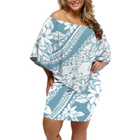 Polynesia Family Matching Off Shoulder Short Dress and Hawaiian Shirt Polynesian Tropical Flowers Blue Pastel Vibes LT14 Mom's Dress Blue - Polynesian Pride
