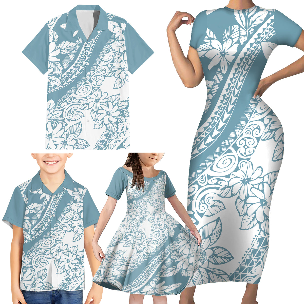 Polynesia Family Matching Short Sleeve Bodycon Dress and Hawaiian Shirt Polynesian Tropical Flowers Blue Pastel Vibes LT14 - Polynesian Pride