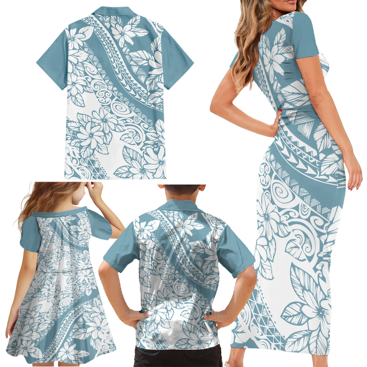 Polynesia Family Matching Short Sleeve Bodycon Dress and Hawaiian Shirt Polynesian Tropical Flowers Blue Pastel Vibes LT14 - Polynesian Pride