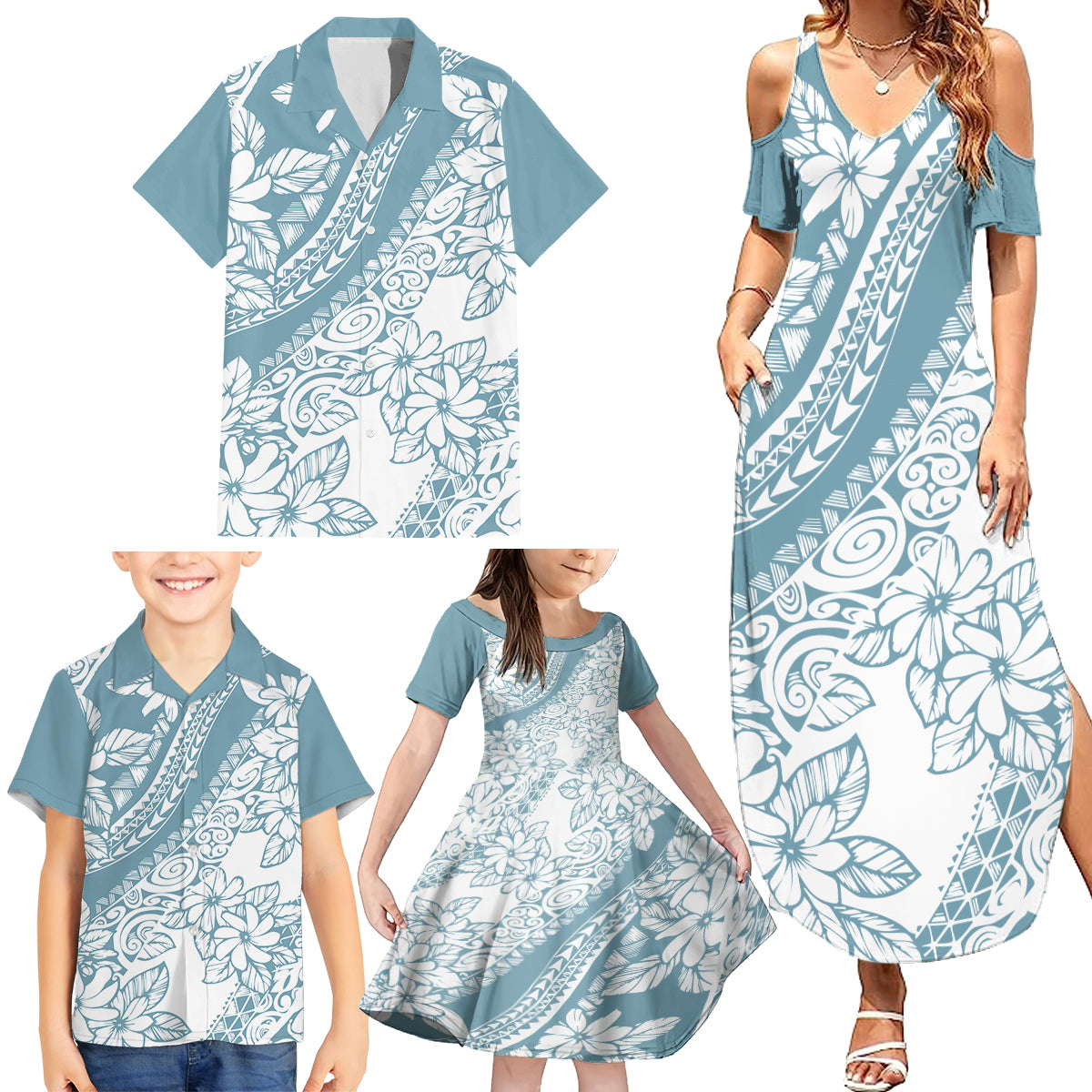 Polynesia Family Matching Summer Maxi Dress and Hawaiian Shirt Polynesian Tropical Flowers Blue Pastel Vibes LT14 - Polynesian Pride