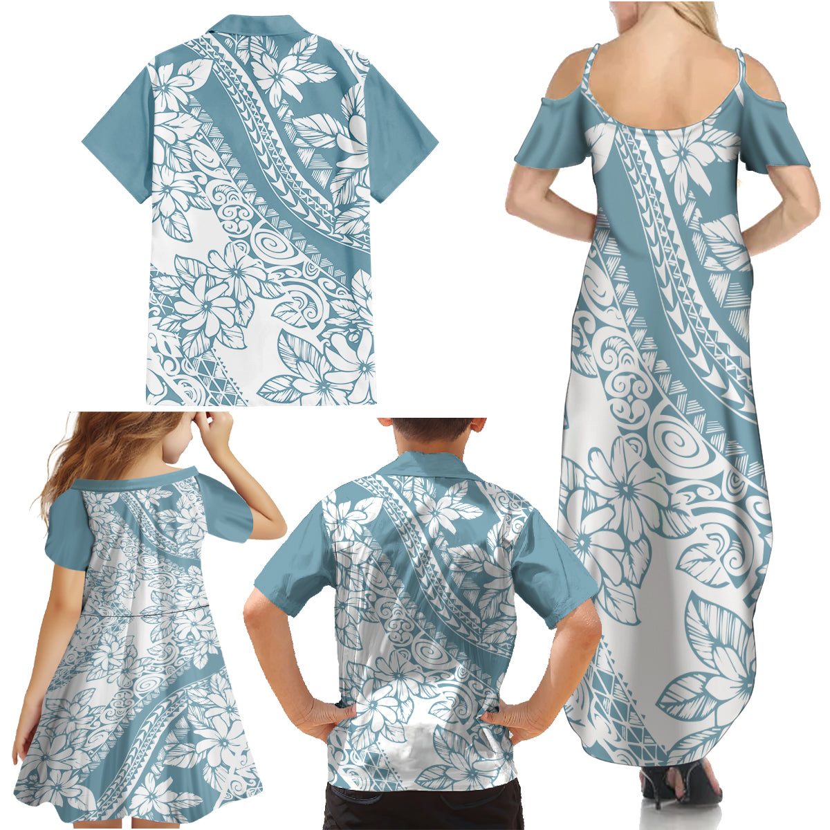 Polynesia Family Matching Summer Maxi Dress and Hawaiian Shirt Polynesian Tropical Flowers Blue Pastel Vibes LT14 - Polynesian Pride