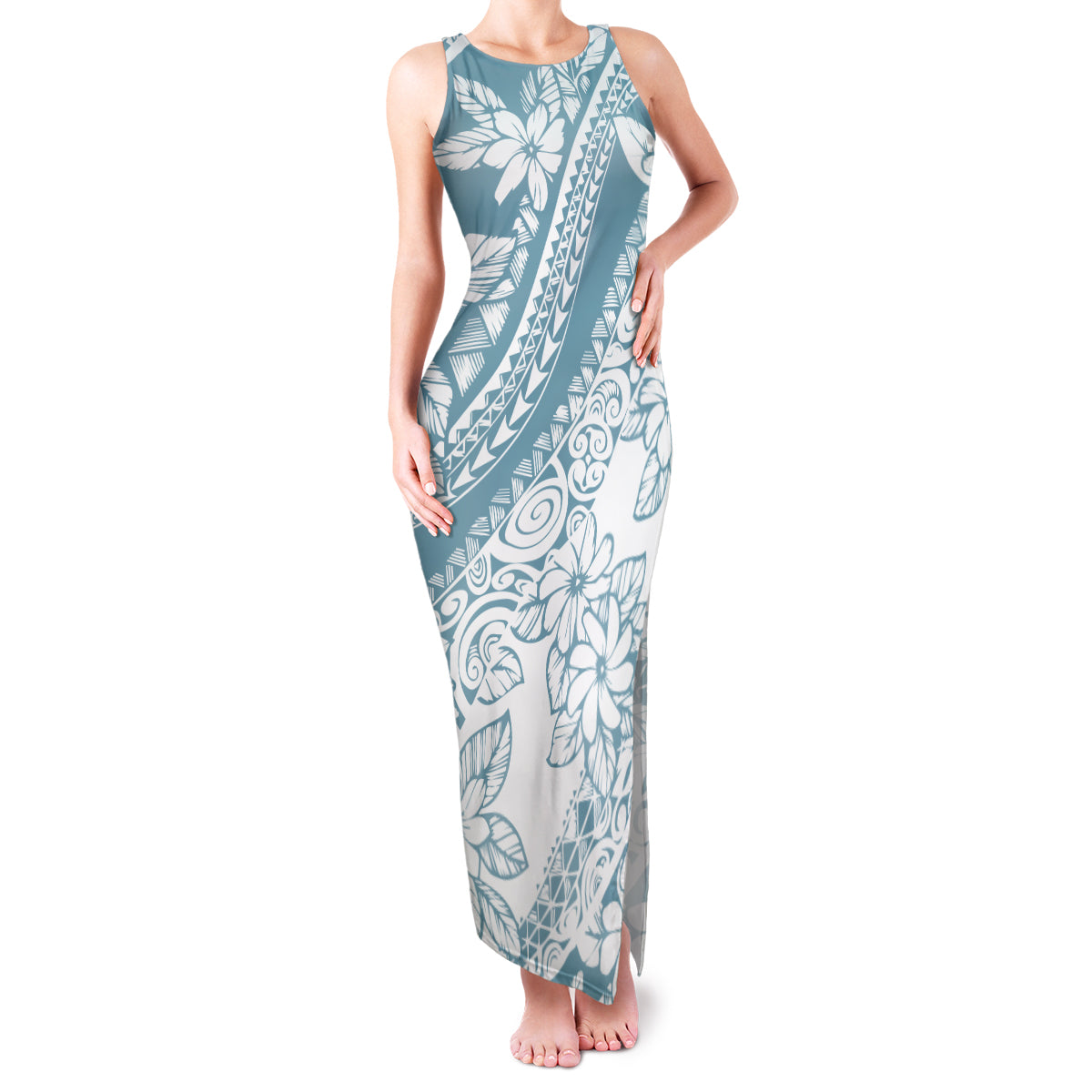 Polynesia Family Matching Tank Maxi Dress and Hawaiian Shirt Polynesian Tropical Flowers Blue Pastel Vibes LT14 Mom's Dress Blue - Polynesian Pride