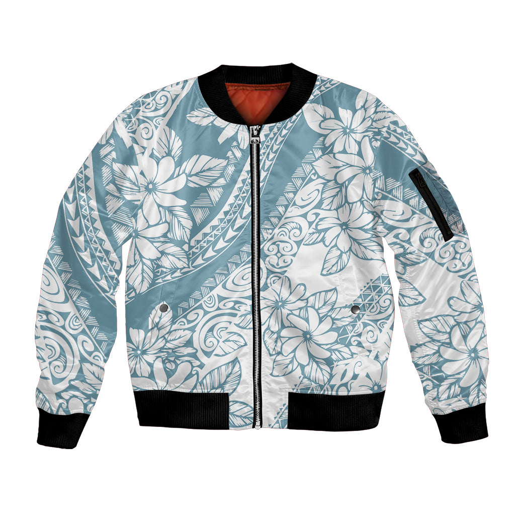 Polynesia Sleeve Zip Bomber Jacket Polynesian Tropical Flowers Blue Pastel Vibes LT14 Unisex Blue - Polynesian Pride