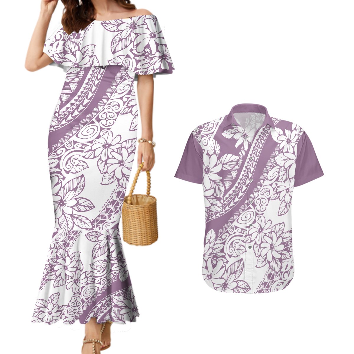 Polynesia Couples Matching Mermaid Dress and Hawaiian Shirt Polynesian Tropical Flowers Purple Pastel Vibes LT14 Purple - Polynesian Pride