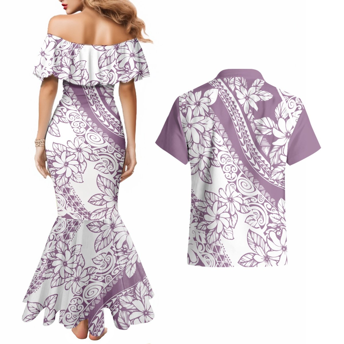 Polynesia Couples Matching Mermaid Dress and Hawaiian Shirt Polynesian Tropical Flowers Purple Pastel Vibes LT14 - Polynesian Pride