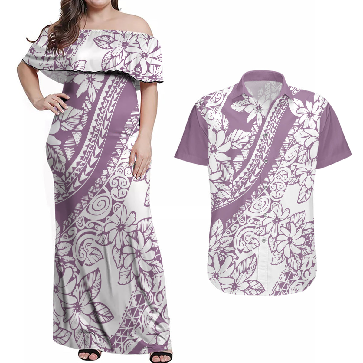 Polynesia Couples Matching Off Shoulder Maxi Dress and Hawaiian Shirt Polynesian Tropical Flowers Purple Pastel Vibes LT14 Purple - Polynesian Pride