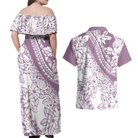 Polynesia Couples Matching Off Shoulder Maxi Dress and Hawaiian Shirt Polynesian Tropical Flowers Purple Pastel Vibes LT14 - Polynesian Pride