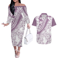 Polynesia Couples Matching Off The Shoulder Long Sleeve Dress and Hawaiian Shirt Polynesian Tropical Flowers Purple Pastel Vibes LT14 Purple - Polynesian Pride