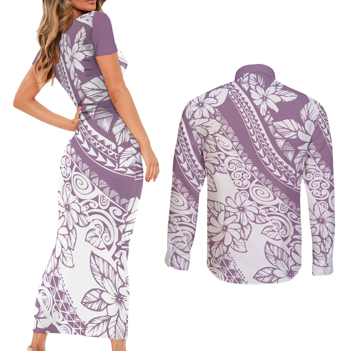 polynesia-couples-matching-short-sleeve-bodycon-dress-and-long-sleeve-button-shirts-polynesian-tropical-flowers-purple-pastel-vibes