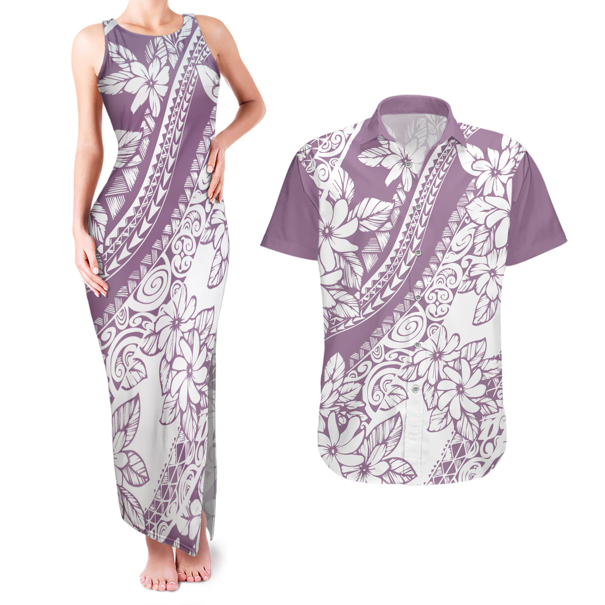 Polynesia Couples Matching Tank Maxi Dress and Hawaiian Shirt Polynesian Tropical Flowers Purple Pastel Vibes LT14 Purple - Polynesian Pride