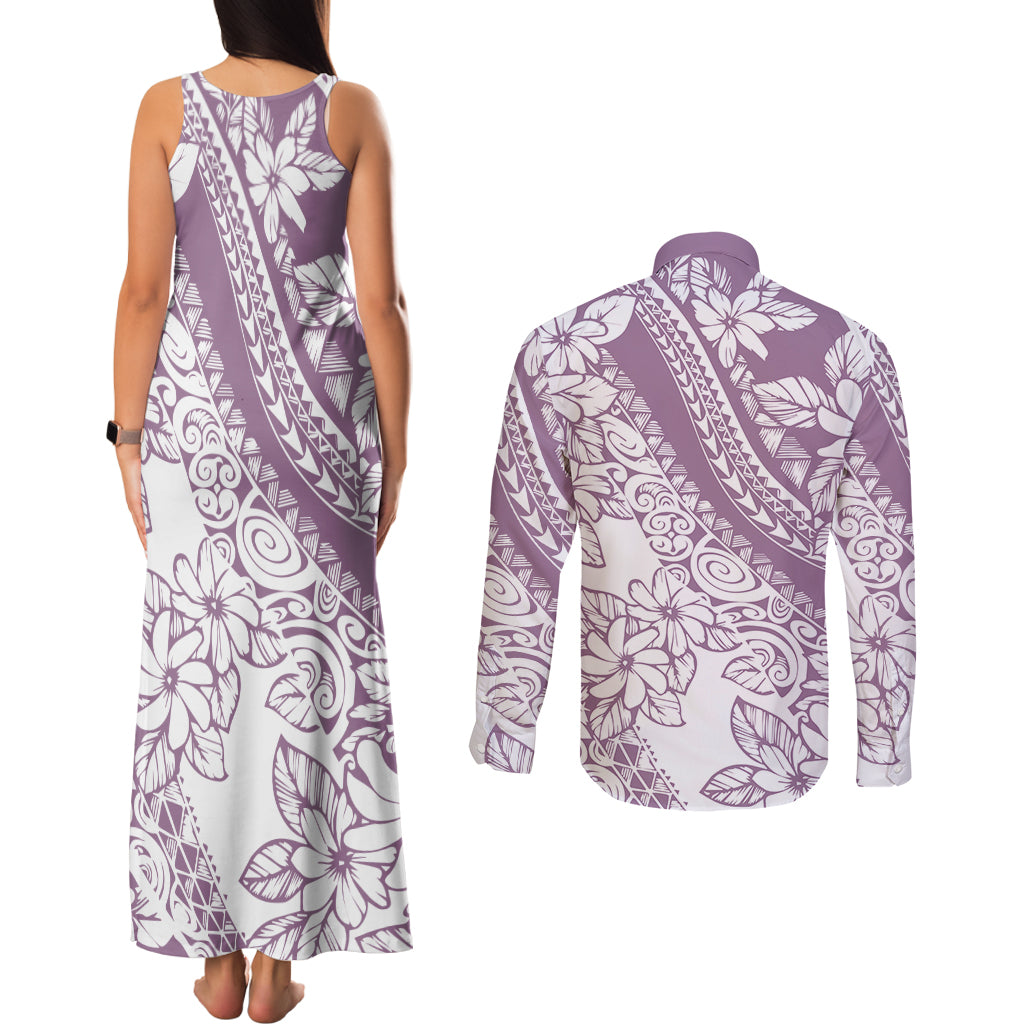 polynesia-couples-matching-tank-maxi-dress-and-long-sleeve-button-shirts-polynesian-tropical-flowers-purple-pastel-vibes