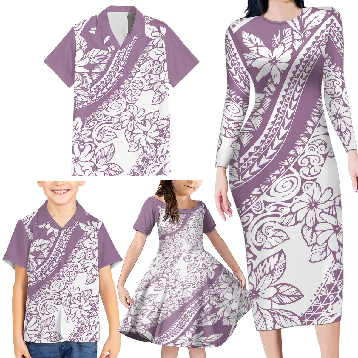 Polynesia Family Matching Long Sleeve Bodycon Dress and Hawaiian Shirt Polynesian Tropical Flowers Purple Pastel Vibes LT14 - Polynesian Pride