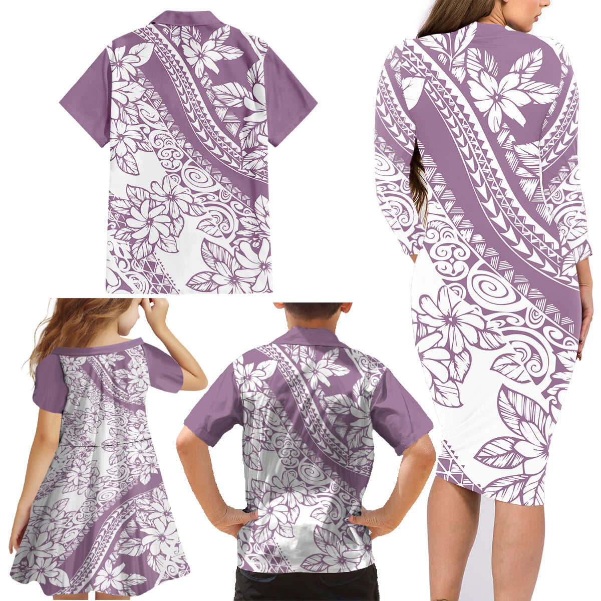 Polynesia Family Matching Long Sleeve Bodycon Dress and Hawaiian Shirt Polynesian Tropical Flowers Purple Pastel Vibes LT14 - Polynesian Pride