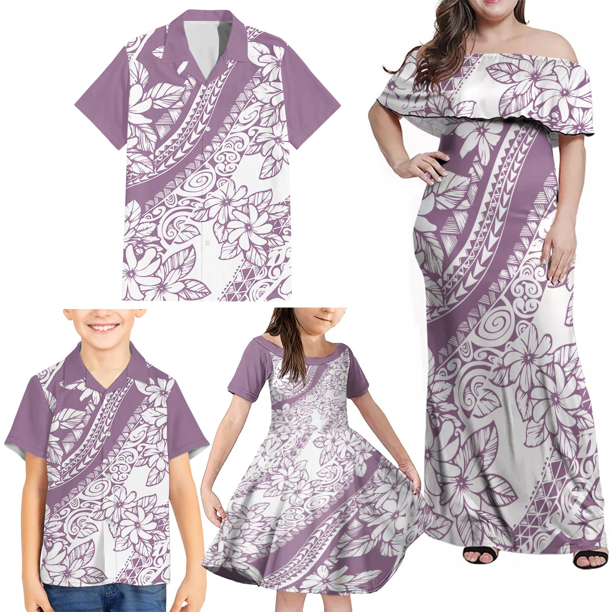 Polynesia Family Matching Off Shoulder Maxi Dress and Hawaiian Shirt Polynesian Tropical Flowers Purple Pastel Vibes LT14 - Polynesian Pride