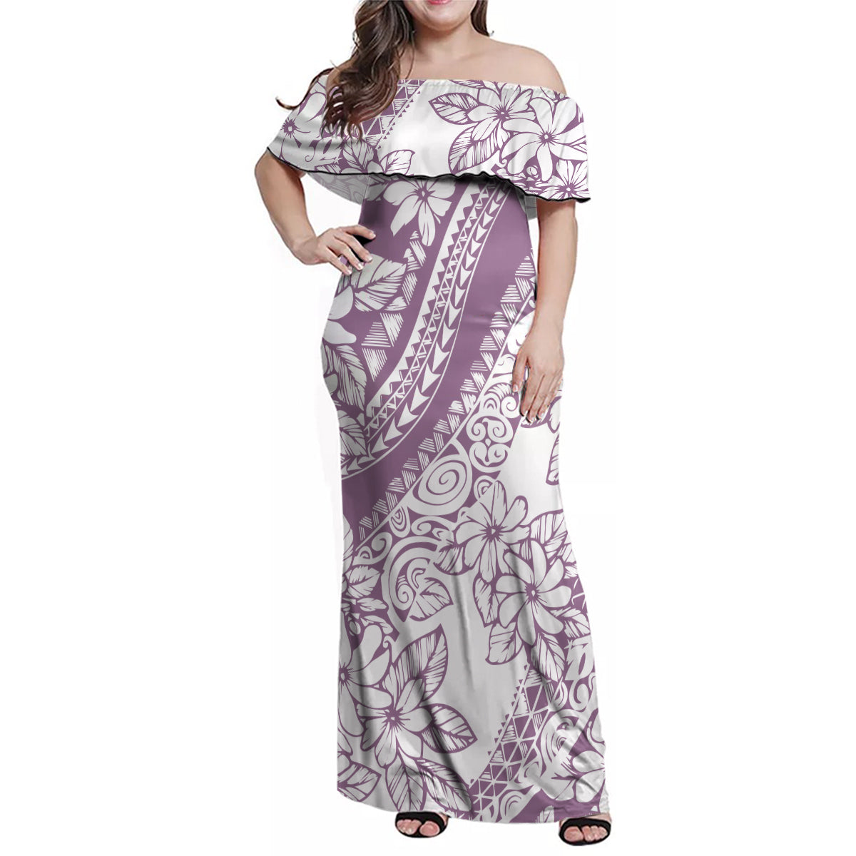 Polynesia Family Matching Off Shoulder Maxi Dress and Hawaiian Shirt Polynesian Tropical Flowers Purple Pastel Vibes LT14 Mom's Dress Purple - Polynesian Pride